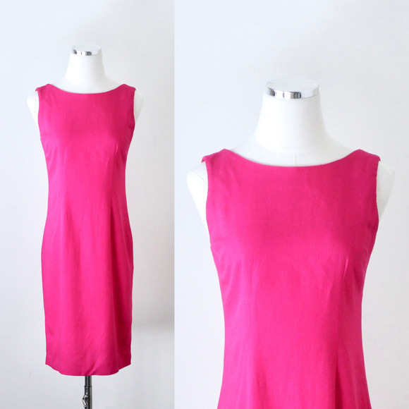 Vintage Dresses & Skirts - Vintage 1990s Size XXS Linen Blend Low Back Sheath Dress Fuchsia Pink Sleeveless